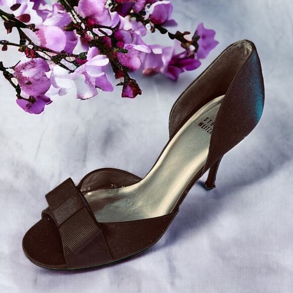 Stuart Weitzman Peep Toe Satin Bow Accent  D'Orsay Pumps Black 7.5 - Picture 1 of 13